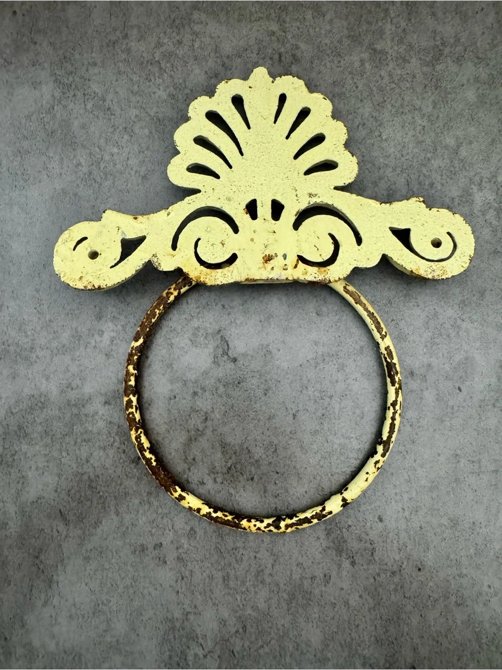 Vintage Cast Iron Towel Ring Holder Distressed Cream Wall Mount